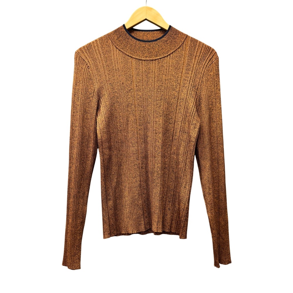 Veronica Beard Sweater Womens L Ribbed Mock Neck Copper Brown Metallic Fitted